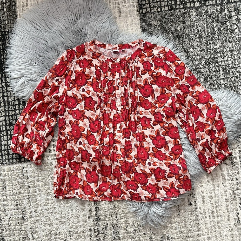 Gap Women's Red Floral Long Sleeve Pintuck Blouse Size Large